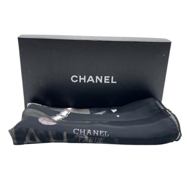 Chanel 80s Jewelry Madame Coco Black and Ecru Square Silk Scarf W/Box - Picture 3 of 16